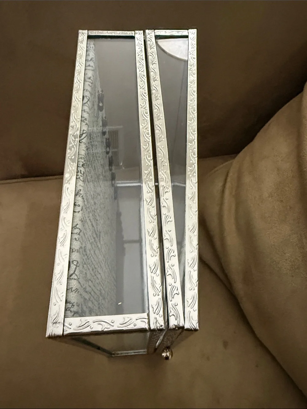 Silver Framed Glass Shadow Box with Script Backing Vintage